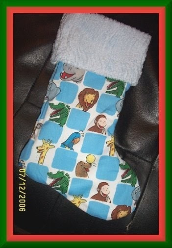Curious George on Squares and Chenille Handmade Christmas Stocking with FREE US SHIPPING