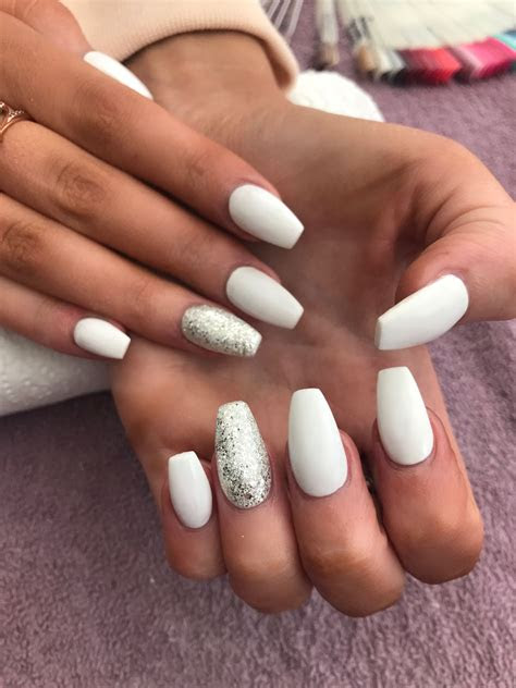 white coffin shaped acrylic nails  silver glitter