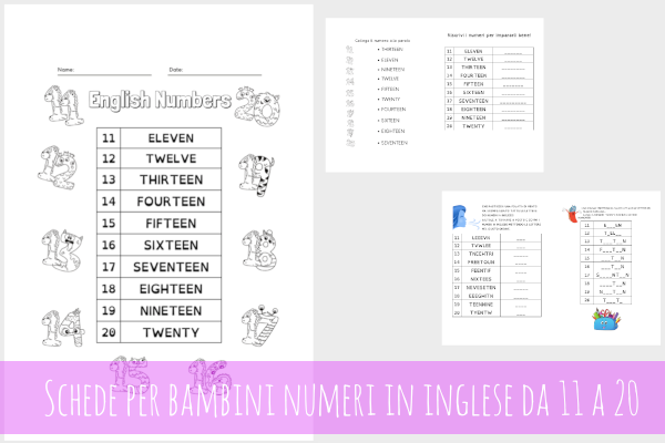 Schede per bambini numeri in inglese da 11 a 20 - Mammarum