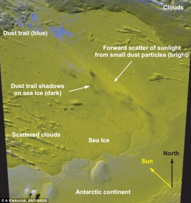 An image from NASA's Aqua satellite of the meteor's dust trail one hour after it is thought to have exploded above Antarctica in September 2004. The dust was spotted by Australian researchers in Antarctica at the time
