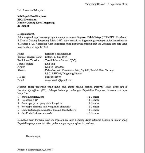 Contoh Surat Lamaran Bpjs Kesehatan Dan Ketenagakerjaan