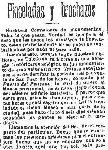 Polémica por el posible derribo de la Puerta del Pelícano de San Juan de los Reyes. Diario El Liberal de 28 de enero de 1893