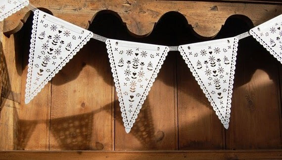6 White lace triangle Bunting / Garlands with ribbon included for Wedding and Party