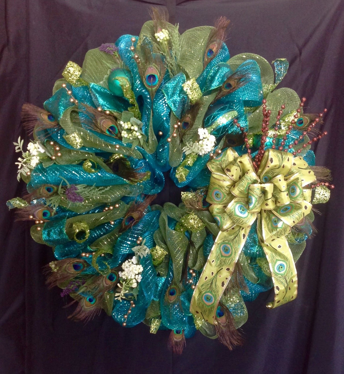 Teal & Green Peacock Wreath with Feathers and Green Bow