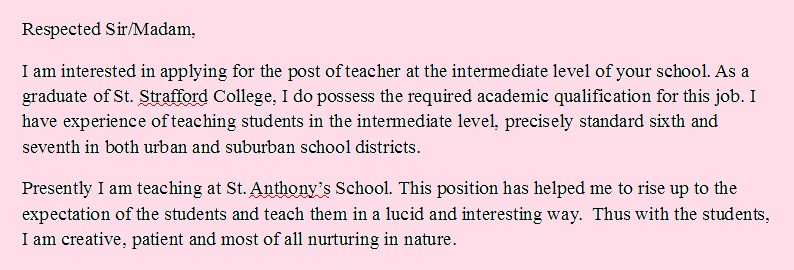 Cover Letter Sample For Teacher With Experience