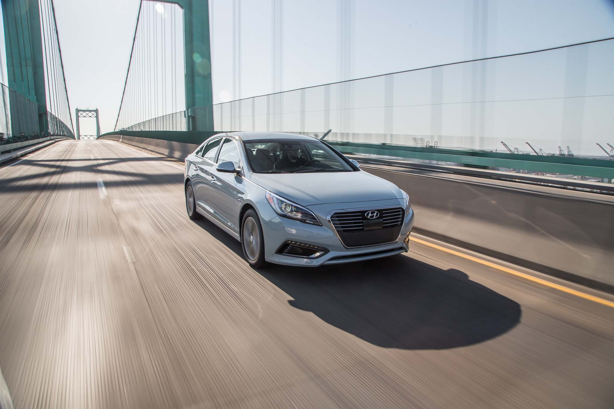 2016 Hyundai Sonata Plug In Hybrid front three quarter in motion
