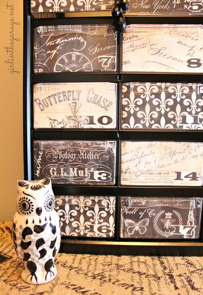 {Filthy to Fancy} Organizer Makeover.  A dirty hardware organizer gets a fancy French makeover.