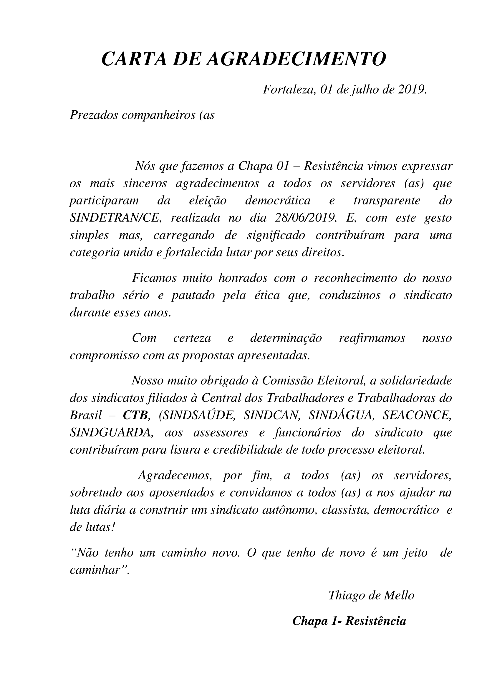 Carta de agradecimento  SINDETRANCE