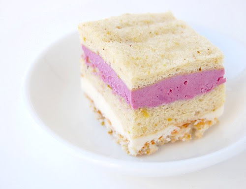 pistachio joconde & dacquoise with feuilletine crunch, black currant and vanilla mousselines