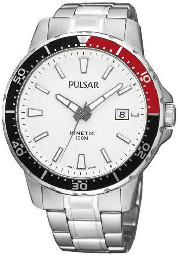 Gents/Men's Pulsar Kinetic Stainless Steel Watch on Bracelet, 100M Water Resistant, White Dial with Date. PAR159X1