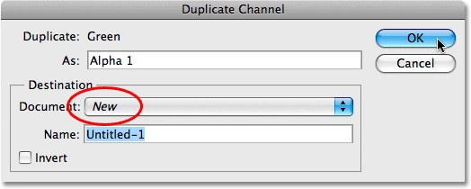 The Duplicate Channel dialog box in Photoshop. Image © 2009 Photoshop Essentials.com.