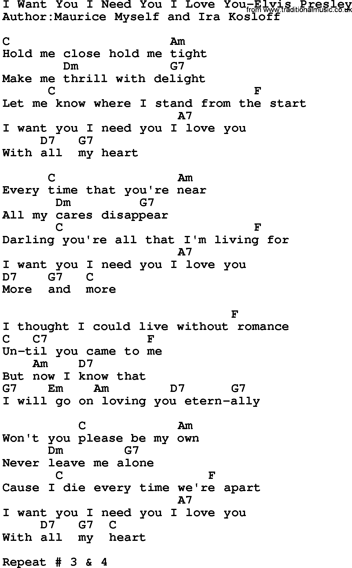 Country Music I Want You I Need You I Love You Elvis Presley Lyrics And Chords