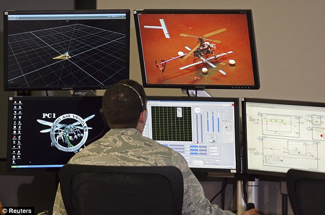 First Lieutenant Zachary Goff operates the control console during a test flight at the Micro Air Vehicles lab