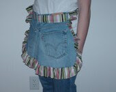 Upcycled Levi Cotton Pink,Green,and Brown Striped Half Apron