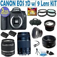 Canon EOS 7D 9 Lens Deluxe Kit with EF-S 18-55mm f/3.5-5.6 IS II Zoom Lens & EF 75-300mm f/4-5.6 III Telephoto Zoom Lens + Canon 50mm 1.8 Lens + 16GB Deluxe Accessory Kit + 3 Year