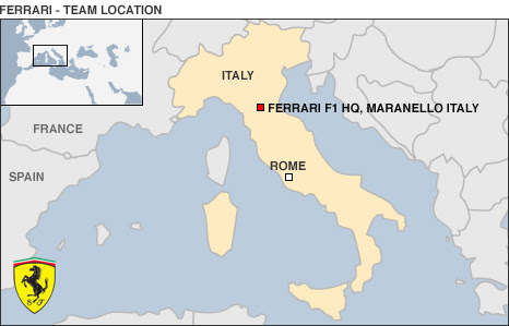 Map of Italy showing Ferrari's base