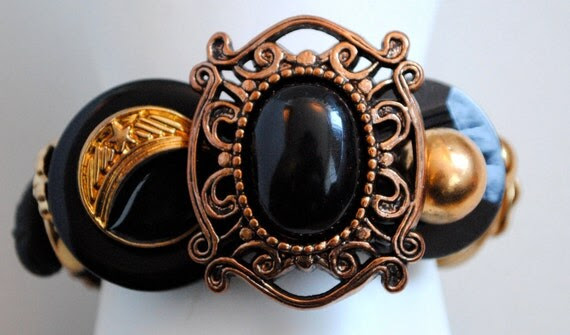 Dramatic button bracelet black gold ooak statement holiday gift expandable