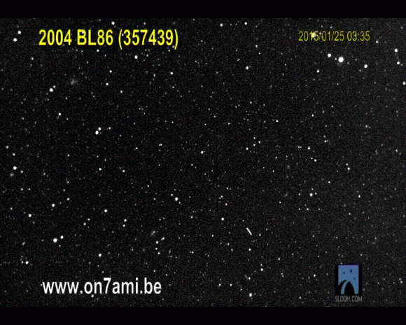 Cool!  The passage of asteroid 2004 BL86 - passing closer today than any large asteroid of its size until 2027.  Jean Paul Mertens just sent it and said it was seen through the telescope of Slooh.com in Chile.