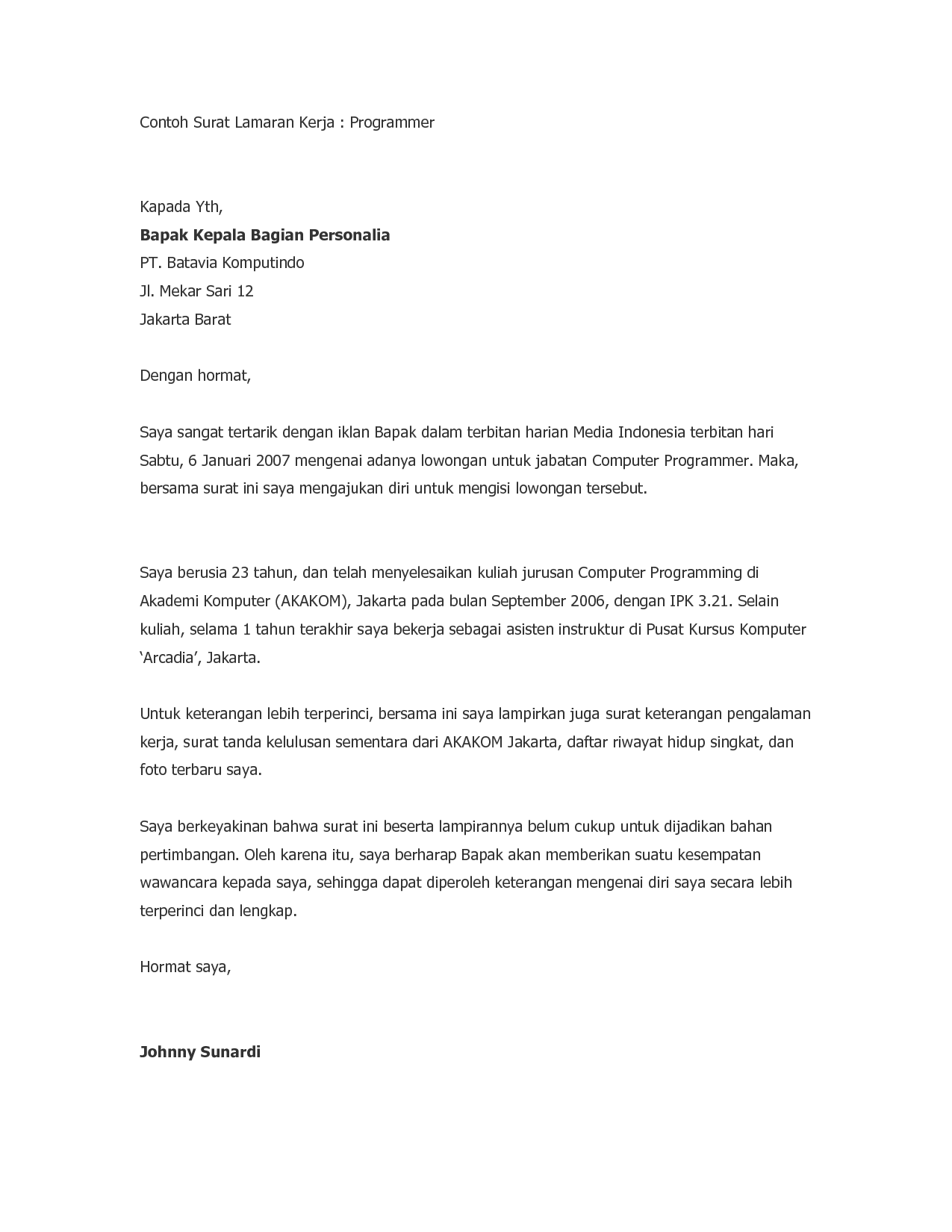 Contoh Surat Lamaran Kerja Dengan Bahasa Indonesia Yang 
