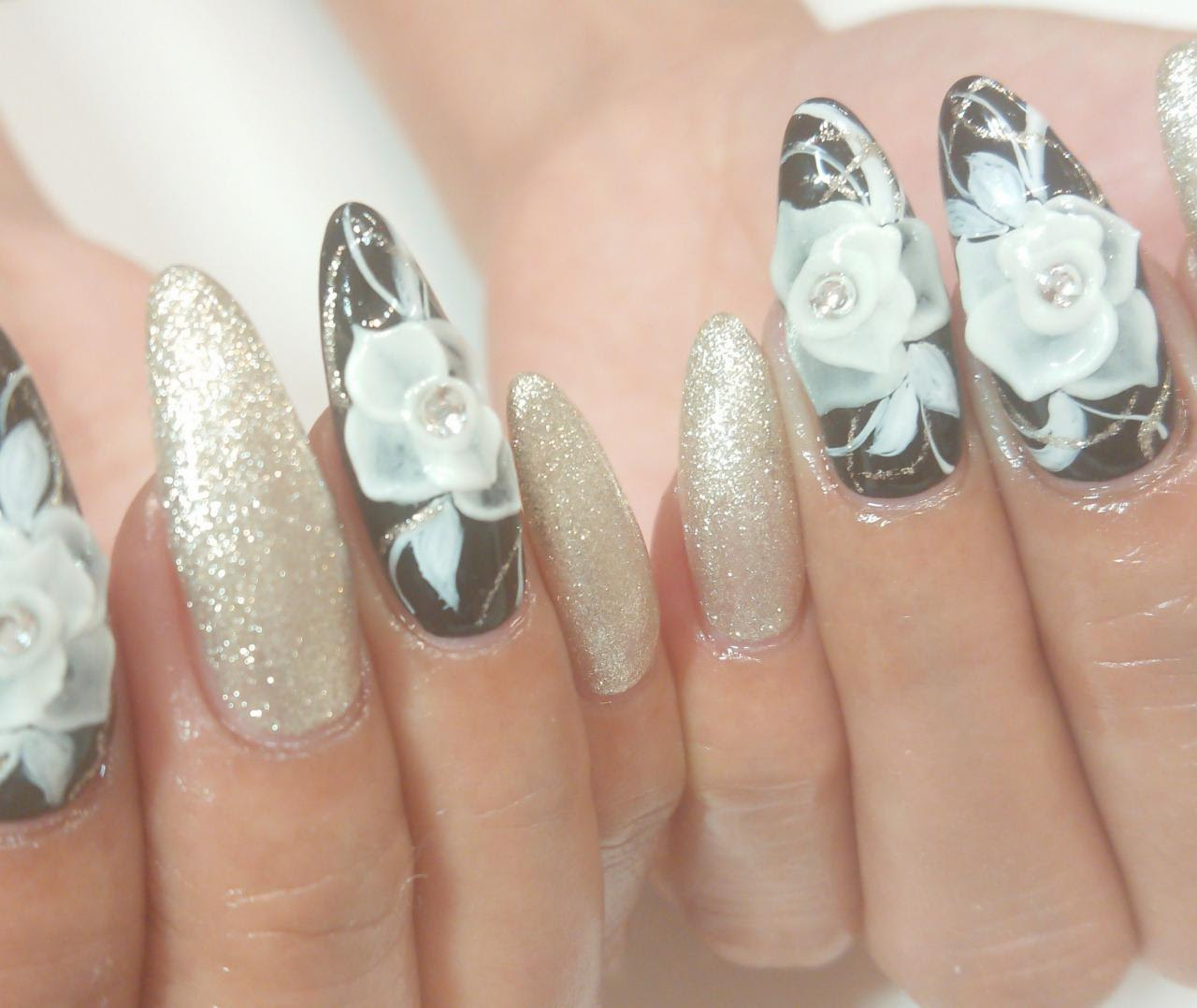 ブラックネイル 秋ネイル ロングネイル 3dネイル フラワーネイル フットネイル ハート Nail Salon Rosemind