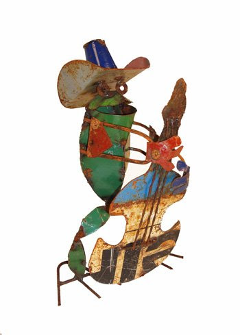 Small Musical Frog Playing Cello or Base : Recycled Metal Garden Art Sculpture