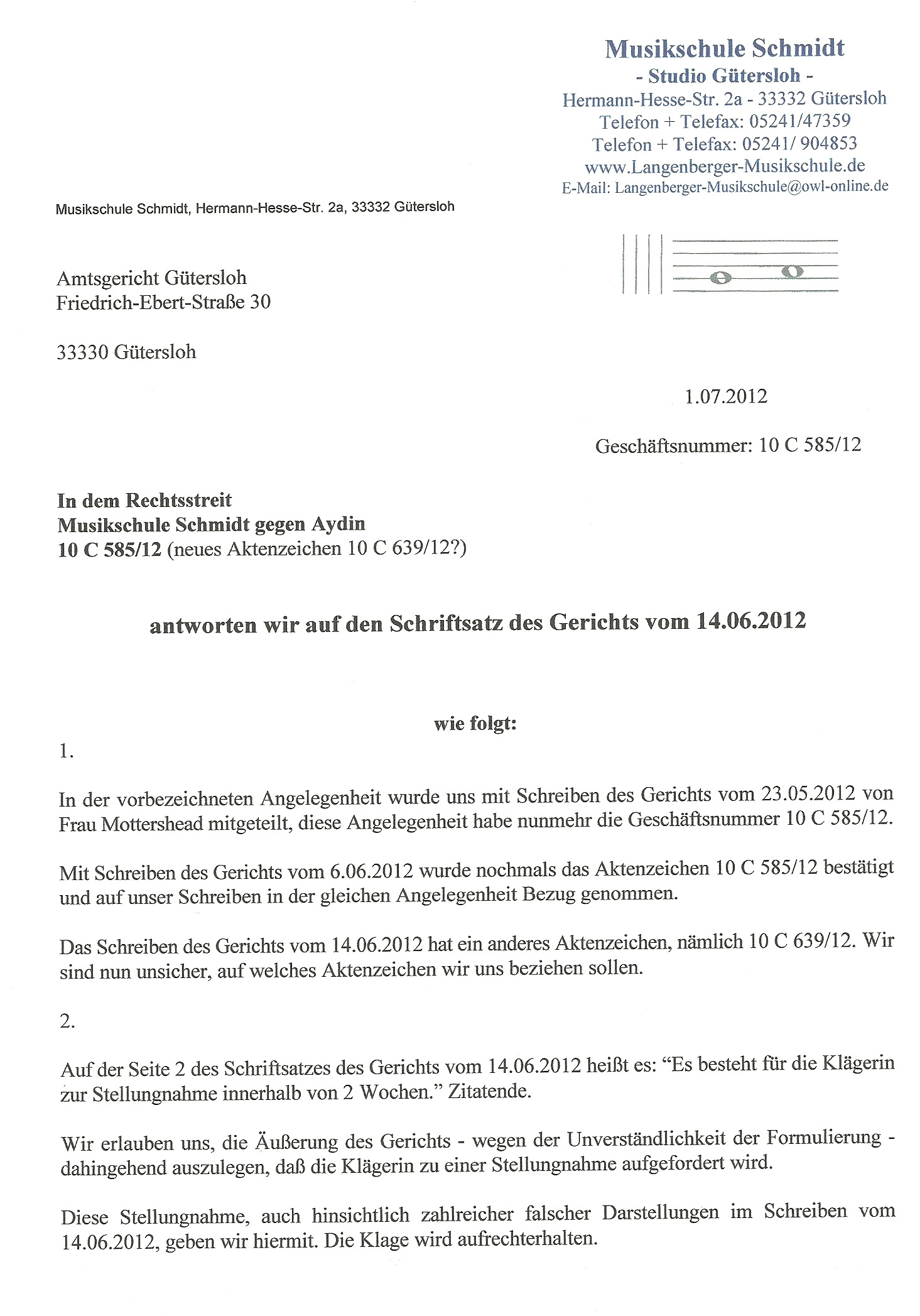Schriftliche Stellungnahme Gericht Muster