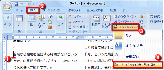 段落先頭の文字のサイズを大きくする方法 ドロップキャップの設定 Word ワード レイアウト文書の作成 応用編
