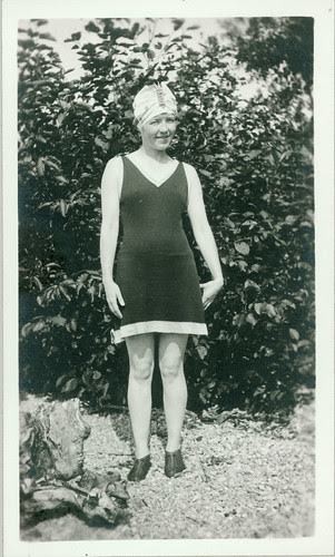 old bathing garb, woman on beach