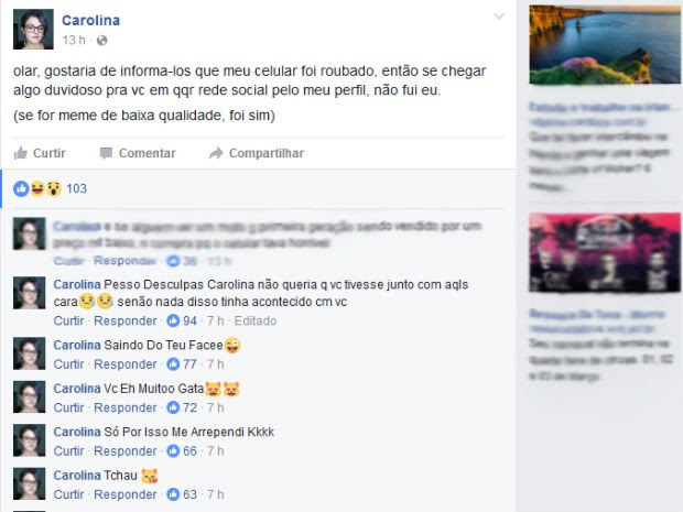 No Facebook, o ladrão também "se desculpou" e disse que a jovem era bonita (Foto: Facebook/ Reprodução)