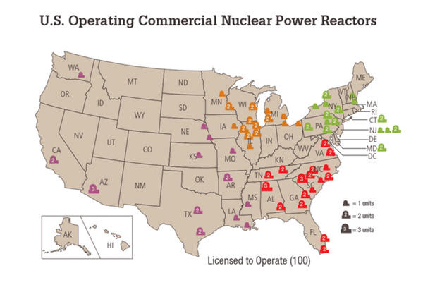 There are 100 commercial nuclear reactors licensed to operate. <a href="http://www.nrc.gov/reactors/operating/list-power-reactor-units.html">Link to a full list.</a>