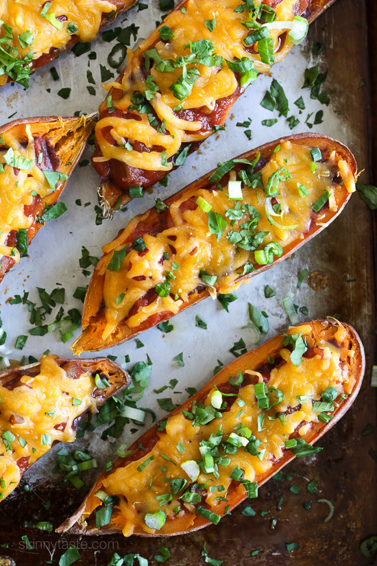Baked Sweet Potato Skins – loaded with black refried beans, salsa and cheese. Gluten-free and vegetarian. Smart Points: 5 Calories: 150.5