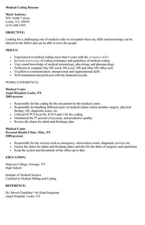 Work experience in a related occupation, none. medical coding resume | RESUMESDESIGN | Medical coding