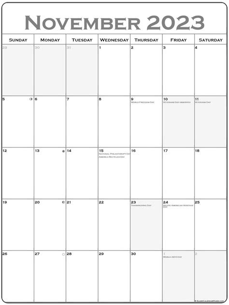 Organize your knowledge with lists and highlights. november 2023 vertical calendar portrait