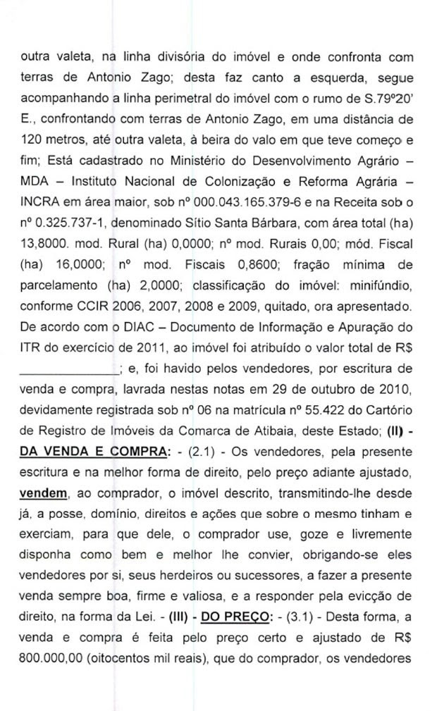 Minuta de contrato de venda do sítio em Atibaia para Lula pag.3 (Foto: Reprodução)