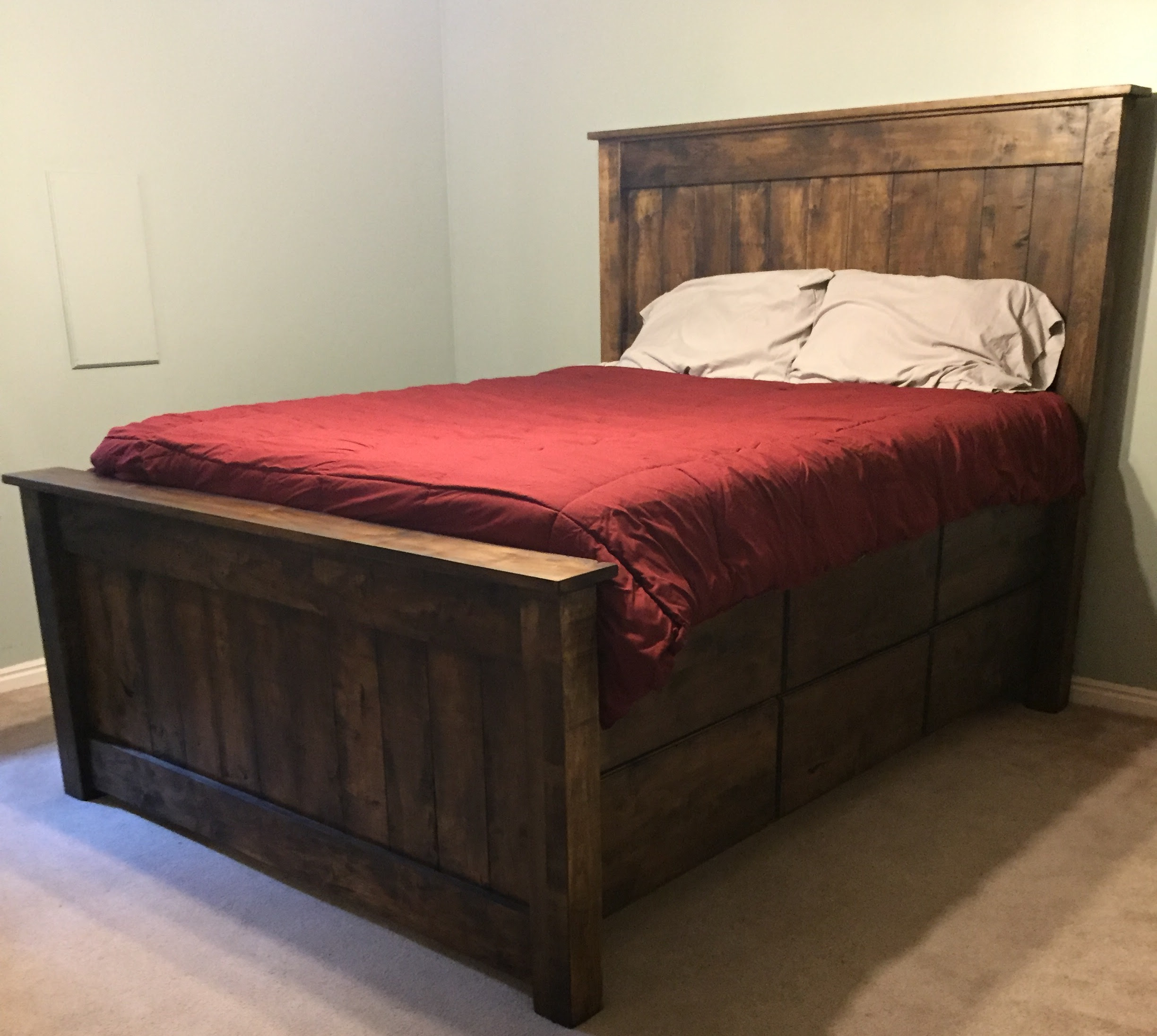 Ana White Queen Farmhouse Bed with Two Layers of Drawers 