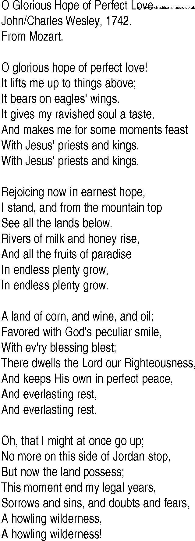 Hymn And Gospel Song Lyrics For O Glorious Hope Of Perfect Love By Johncharles Wesley