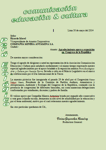 Agradecimiento por apoyo de Antamina a Exposición 
