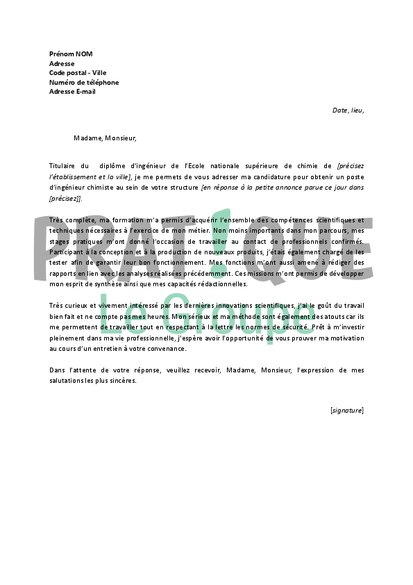 Lettre de motivation pour un emploi d'ingénieur chimiste ...