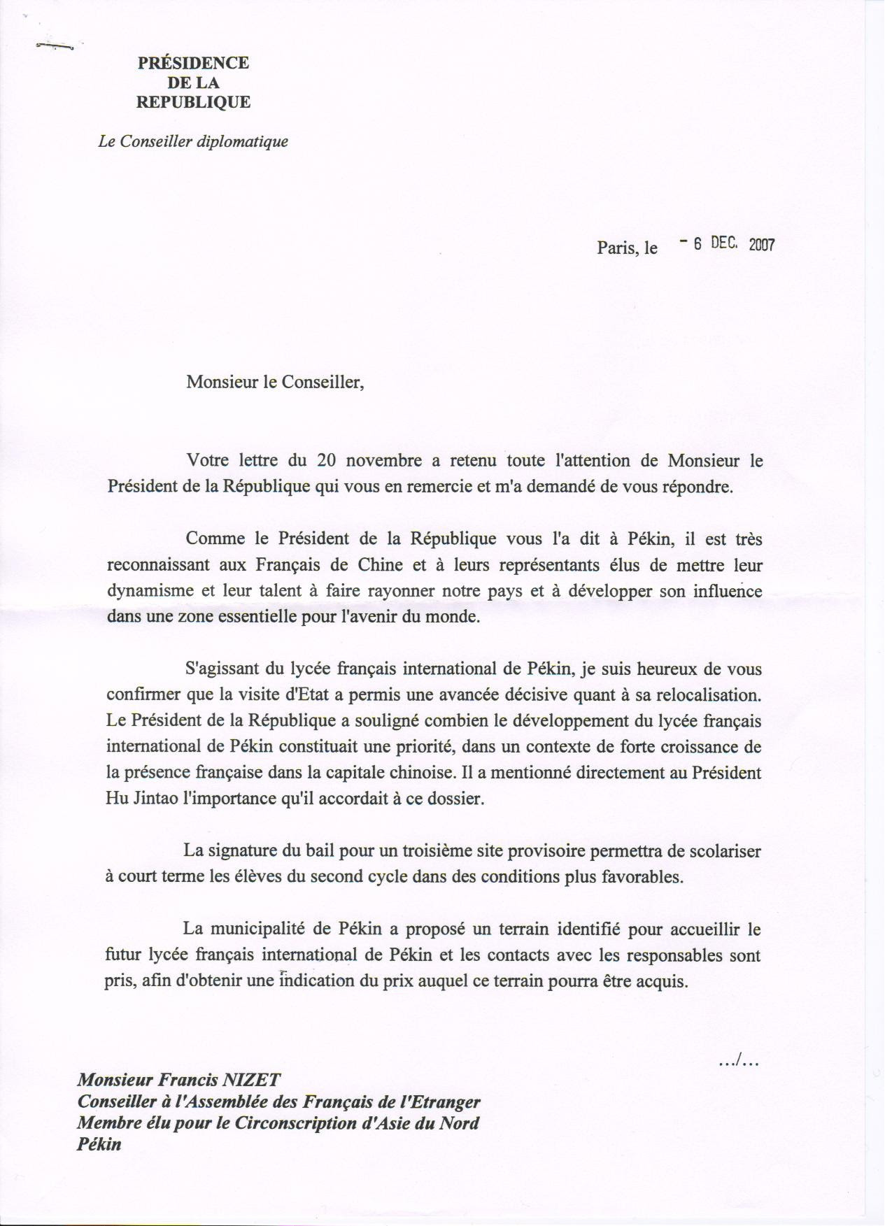 Lettre motivation principal college