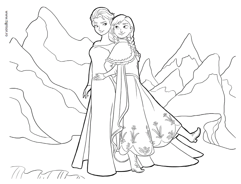 Plansa de colorat cu Anna si Elsa din Frozen Regatul de ...