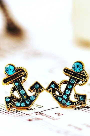 Blue Rhinestone Anchor Earrings