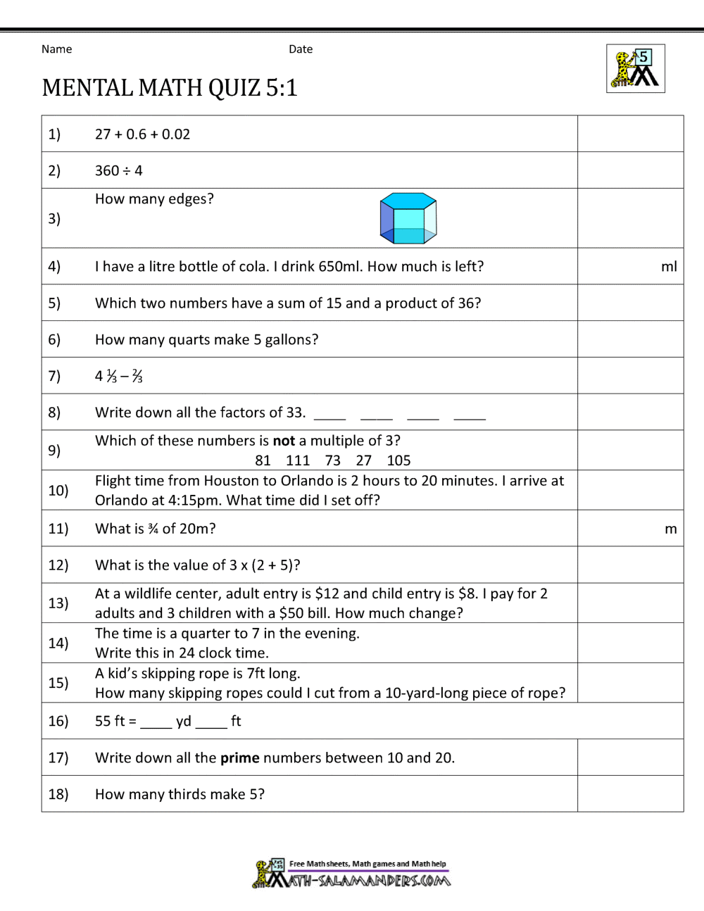 Mental Math 5th Grade