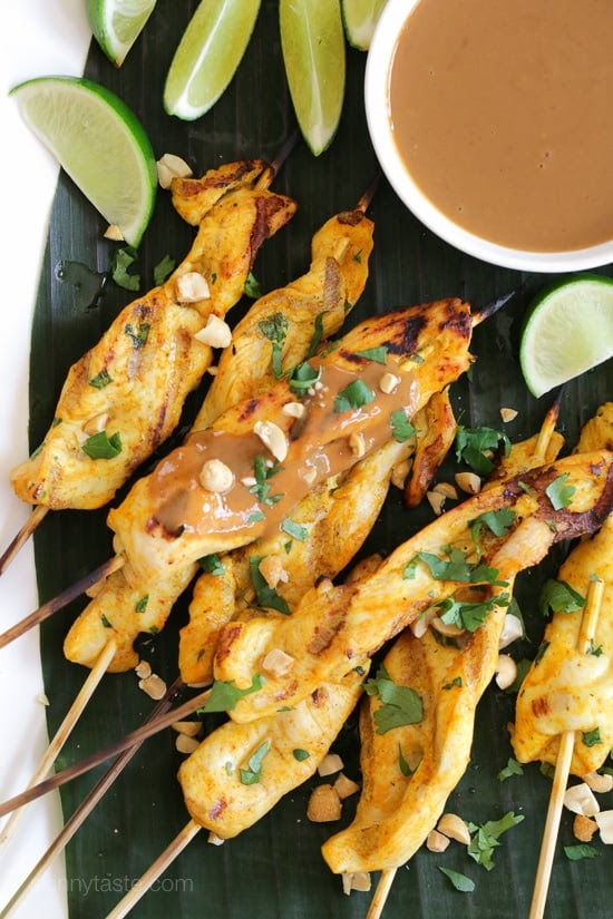These flavorful chicken skewers are marinated in coconut milk and spices, then grilled and served with a delicious spicy peanut sauce for dipping.