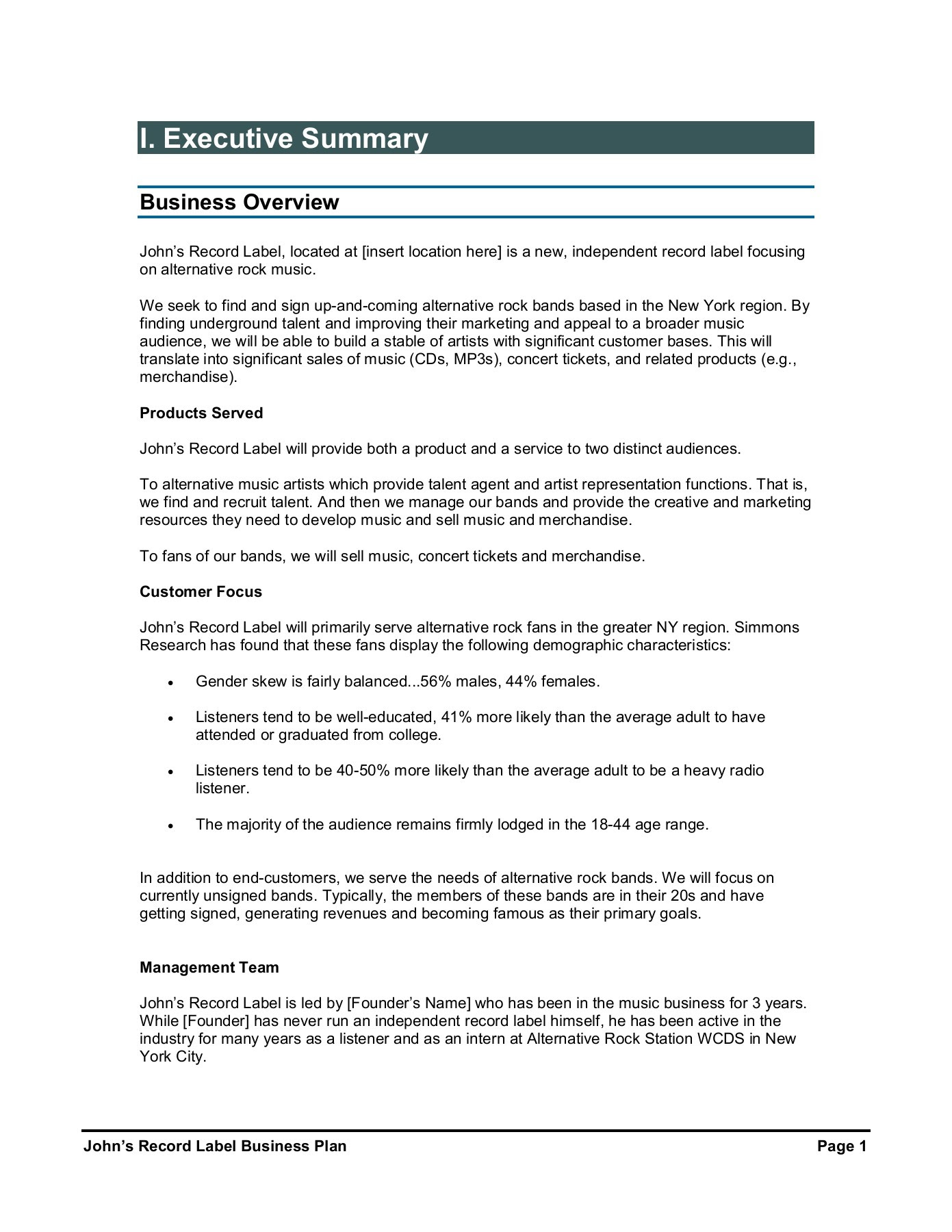 Sample Record Label Business Plan