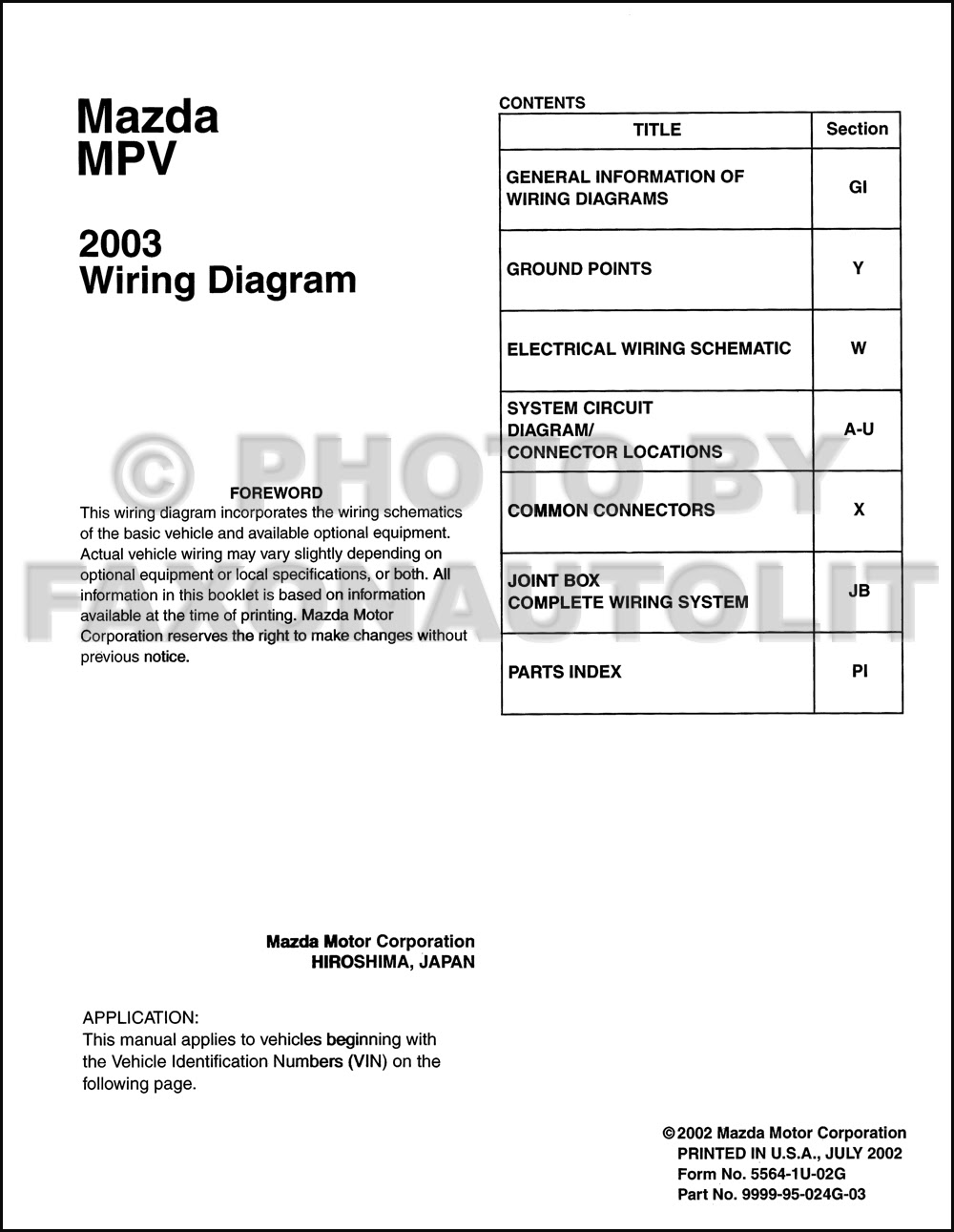 2003 Mazda MPV Wiring Diagram Manual Original
