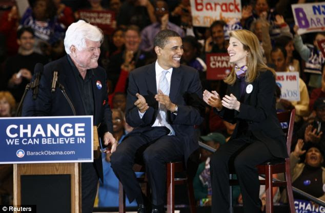 Democratic presidential candidate Kennedy shares a laugh with Obama and former U.S. Senator Ted Kennedy at a campaign rally in New Jersey in 2008