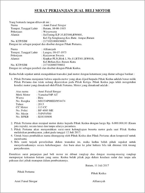 contoh surat perjanjian jual beli motor