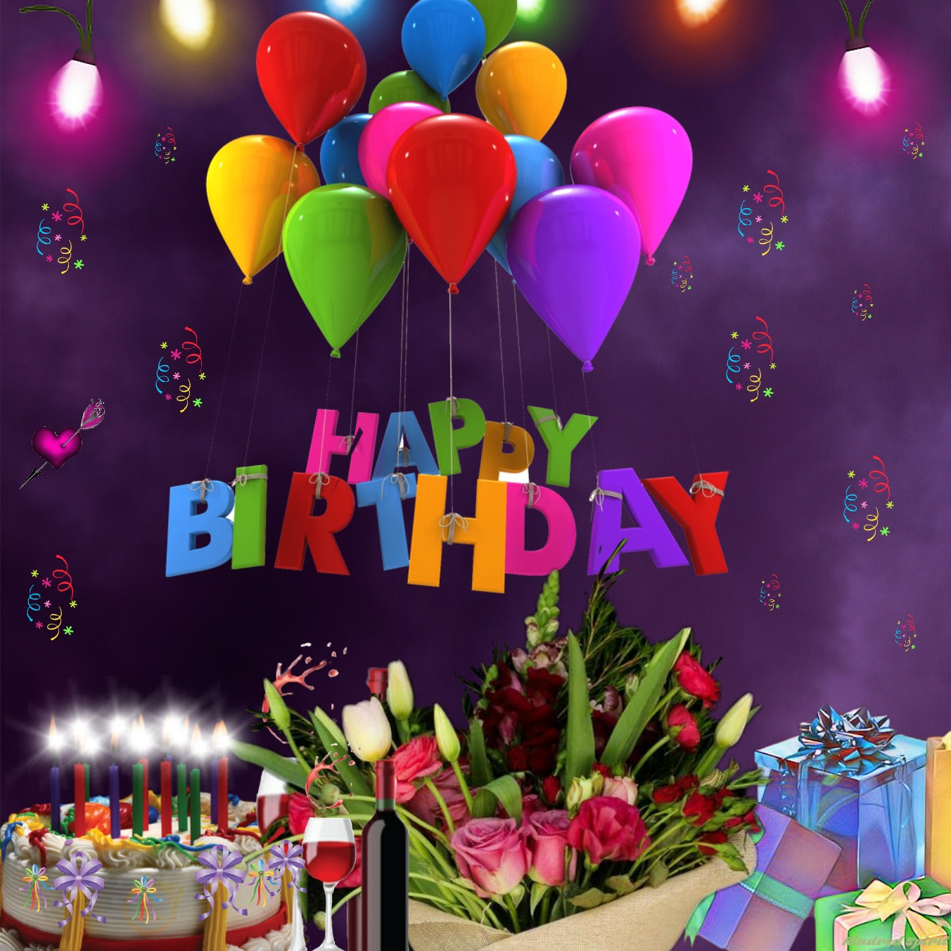 happy birthday cake presents wine flowers balloons...