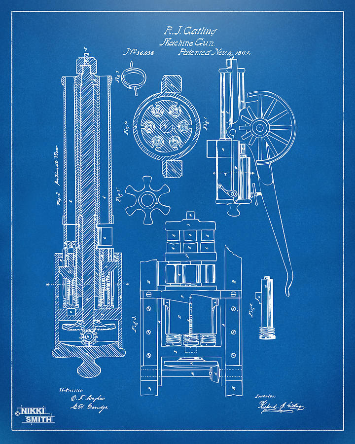 1862 Gatling Gun Patent Artwork - Blueprint Drawing by ...