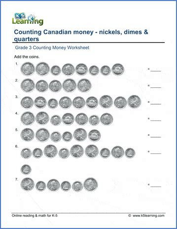  grade 3 math worksheet canadian money nickels dimes and quarters